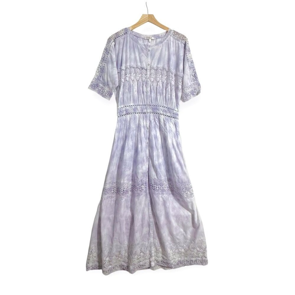 LoveShackFancy Beth Midi Dress, Violet Tie Dye Splash, Size M, Cottagecore Lace